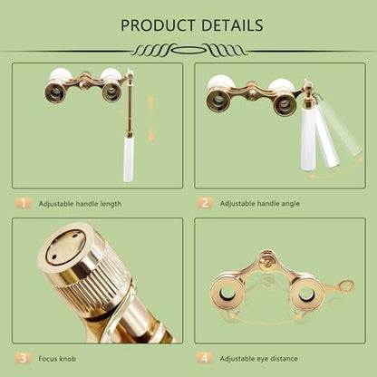BLACKICE Opera Glasses, Opera Binoculars, 3X25 Theater Binoculars Compact with Adjustable Handle for Adults Kids Women in Concert Theater Opera (White with Handle)