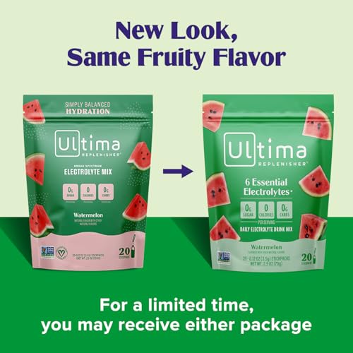 Ultima Replenisher Daily Electrolyte Powder Drink Mix – Sugar Free – Watermelon, 20 Stickpacks – Hydration Packets with 6 Electrolytes and Trace Minerals – Keto Friendly, Vegan, Non-GMO