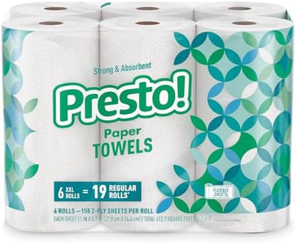 Amazon Brand - Presto! Flex-a-Size Paper Towels, 158 Sheet Huge roll, 6 Rolls, Equivalent to 19 Regular Rolls, White