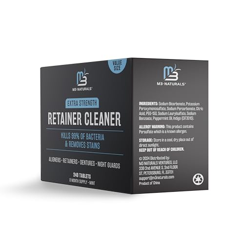 Retainer and Denture Cleansers 240 Tablets Removes Bad Odors Discoloration Stains Plaque for Cleaning Invisalign Mouth Guard Night Guard and Removable Dental Appliances by M3 Naturals