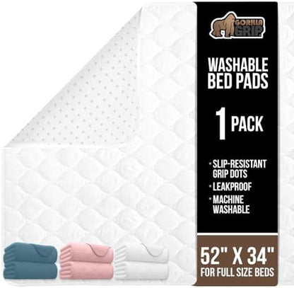 GORILLA GRIP Washable Underpads, Waterproof Reusable Heavy Absorbency Incontinence Bed Pads, Leak Proof Toddler Mattress Pad, 52x34 Slip Resistant Protector for Bedwetting, Adults and Kids, White