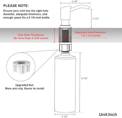 GAGALIFE Built in Sink Soap Dispenser or Lotion Dispenser for Kitchen Sink, Brushed Nickel ABS Pump Head, with 17 Ounce Large PET Soap Bottle