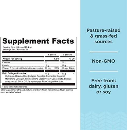 Ancient Nutrition Collagen Peptides Powder, Multi Collagen Protein, Women & Men, Vitamin C, Probiotics, Hydrolyzed Collagen, Supports Skin, Joints, Gut Health, Strawberry Lemonade, 24 Servings