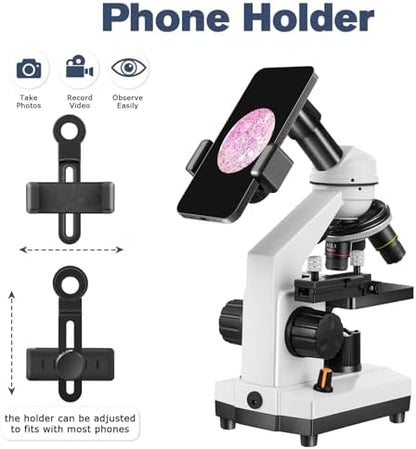 Microscope for Adults Kids Students, 40X-2000X Microscope for Beginners, Biological Microscope Kit with Phone Holder, 10pcs Specimen Slides, 20 Pcs Slides & 100pcs Coverslips, Storage Bag