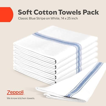 Zeppoli Classic Dish Towels - 15 Pack - 14" by 25" - 100% Cotton Kitchen Towels - Reusable Bulk Cleaning Cloths - Blue Hand Towels - Super Absorbent - Machine Washable