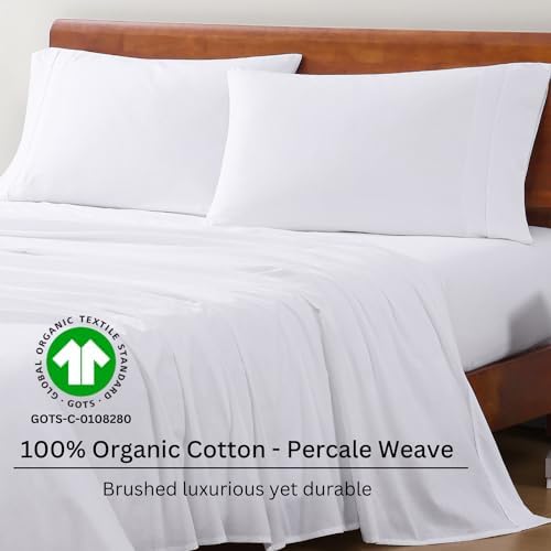 LANE LINEN Eco Friendly 100% Organic Cotton Queen Sheet Set, Soft & Comfy Fully Elasticized 15" Deep Pocket Bed Sheets, Low Pill Naturally Cooling Machine Wash Sábanas Queen- White Bed Sheets