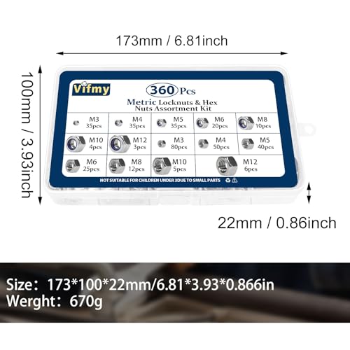 Metric Hex Nuts&Locknuts Assortment Kit(360Pcs)，M3 M4 M5 M6 M8 M10 M12 Stainless Steel Assorted Hex Nuts Sets,Bright Finish