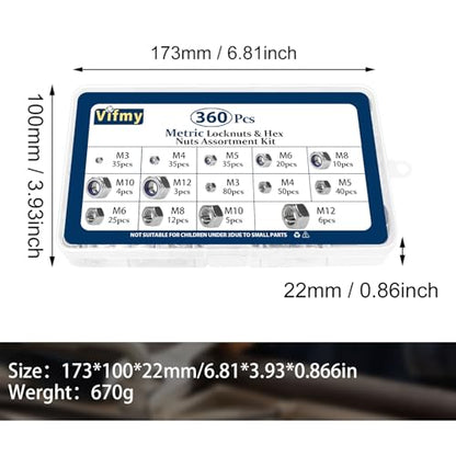 Metric Hex Nuts&Locknuts Assortment Kit(360Pcs)，M3 M4 M5 M6 M8 M10 M12 Stainless Steel Assorted Hex Nuts Sets,Bright Finish