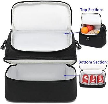 FlowFly Double Decker Cooler Insulated Lunch Bag Large Tote for Boys, Girls, Men, Women, With Adjustable Strap,Black