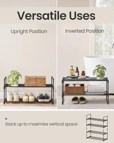 SONGMICS Shoe Rack, 2-Tier Shoe Organizer, Metal Storage Shelf, Upright or Upside Down, for 6-9 Pairs, Stackable, for Entryway, 11.8 x 26.8 x 13.2 Inches, Black ULSA202B01