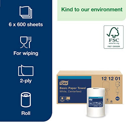 Tork Industrial Centrefeed Dispenser Black - M2 + Refill - Centerfeed Paper Wiper White, 6 x 600 Sheets