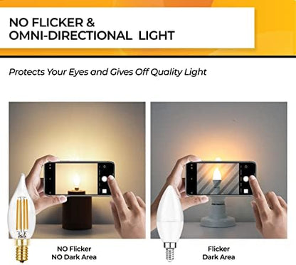 Hizashi 90+ CRI LED Candelabra Bulb 40W Equivalent E12 LED Bulb Dimmable 2700K Soft Warm White, Chandelier Light Bulbs, 4W 450LM Flame Tip CA10 Candle Light Bulbs, UL Listed - 12 Pack