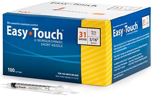 Easy Touch U-100 Insulin Syringe with Needle, 31G 1cc 5/16-Inch (8mm), Box of 100