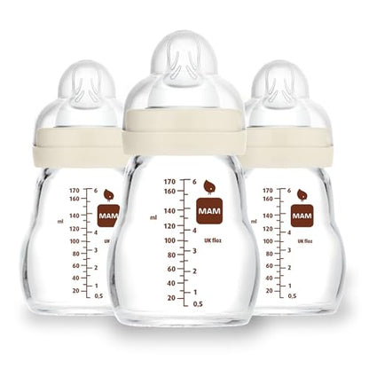 MAM Feel Good Slow Flow Premium Glass Baby Bottles, Easy Switch Between Breast and Bottle, 6oz, 0+ Months, Unisex, 3 Pack