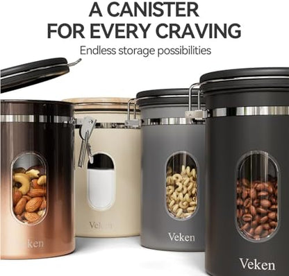 Veken Coffee Canister with Window,Airtight Stainless Steel Container,Home Kitchen Food Storage Organizers for Grounds,Beans,Espresso,Rice,Tea,Sugar,Flour, Cereal,Scoop,Bar Accessories,Gifts,22OZ,Black
