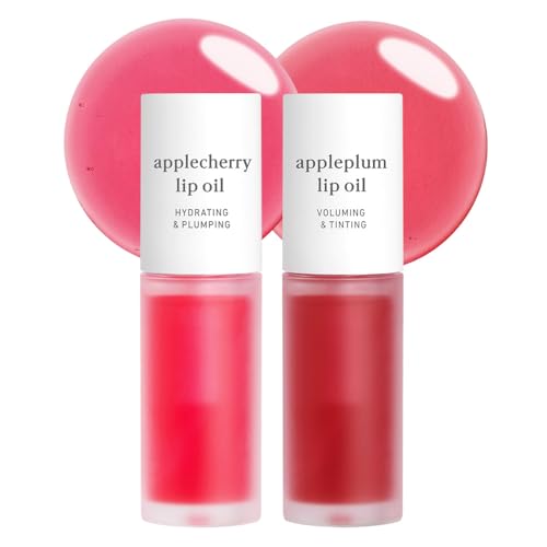 NOONI Vegan Appleseed Lip Oil Set - Applecherry & Appleplum | Long-Lasting, Moisturizing, Plumping, Revitalizing for Dry Lips, Waterproof, No Peel Off, Korean Tint, 0.12 FL Oz x 2ea