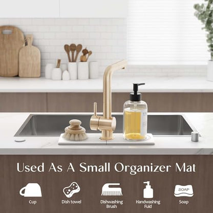 Diatomite Kitchen Faucet Mat - 14Inch Water Absorbing Stone Tray for Sink, Stone Fast-Drying Faucet Mat for Kitchen Counter Sink Accessories [Light Grey, 14'' x 3.9'']