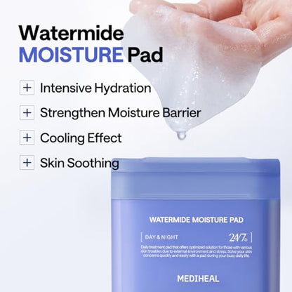 MEDIHEAL Watermide Moisture Pad - Square Cotton Facial Toner Pads with Icelandic Glacial Water - Improve Skin Temperature, Hydrating to Dry, Puffy, Coarse Skin -Vegan Eco Silk,100 Pads