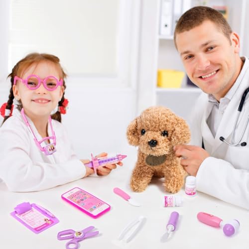 Meland Toy Doctor Kit for Girls - Pretend Play Doctor Set with Dog Toy, Carrying Bag, Stethoscope Toy & Dress Up Costume - Doctor Play Gift for Kids Toddlers Ages 3 4 5 6 Year Old for Role Play