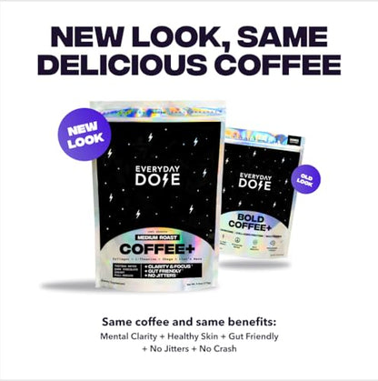 Everyday Dose Bold Medium Roast Mushroom Coffee 90mg Caffeine per serving with Grass-Fed Collagen, Chaga, Lions Mane & L-Theanine for Better Focus, Energy, Digestion, Skin, and Immunity 30 Servings