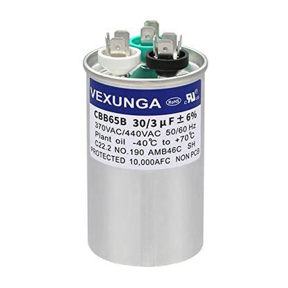 30/3 uF 30+3 MFD 370VAC or 440VAC Dual Run Start Round A/C Capacitor CBB65 CBB65B Air Conditioner Capacitors for AC Unit Fan Motor Start or Heat Pump or Condenser Straight Cool