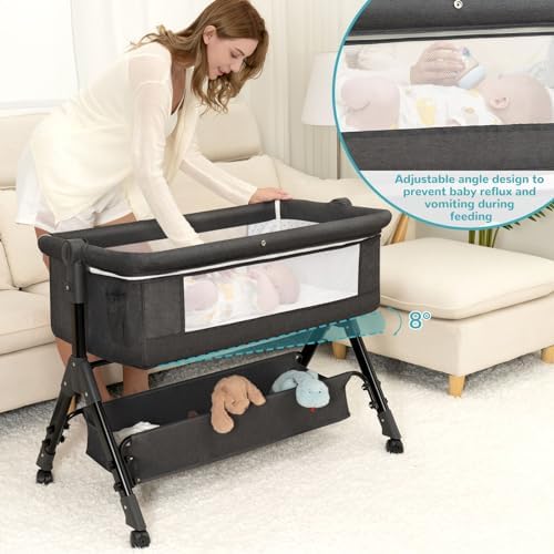 Baby Bassinet, Bedside Bassinet for Baby, 3 in 1 Bassinet Bedside Sleeper with Wheels, Mosquito Net, Adjustable Easy Folding Portable Bed for Infant Newborn (Dark Grey)