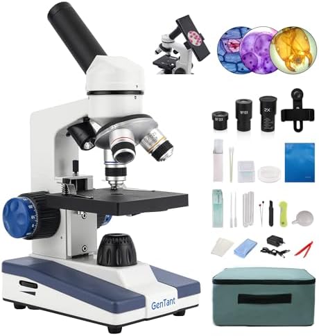 Microscope for Adults Kids Students, Compound Monocular Microscope 40X-2000X, Dual LED Illumination, Slides Set with Specimens, Phone Holder Adapter, School & Home Education