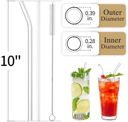 Piteno® 16-Pack Reusable Glass Drinking Straws, 10''x10MM, Set of 6 Straight and 6 Bent with 4 Cleaning Brushes, Perfect for Smoothies, Milkshakes, Juice, Tea (Rainbow)
