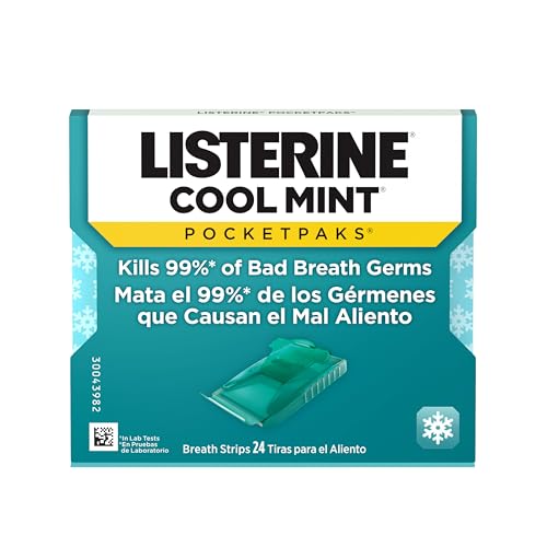 Listerine Cool Mint PocketPaks Portable Breath Strips for Bad Breath, Fresh Breath Strips Dissolve Instantly to Kill 99% of Bad Breath Germs* On-The-Go, Cool Mint, 12 Pack