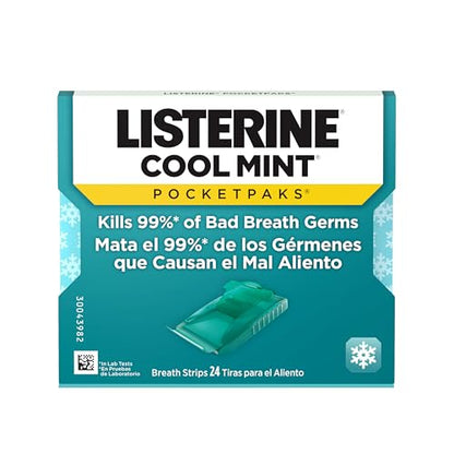 Listerine Cool Mint PocketPaks Portable Breath Strips for Bad Breath, Fresh Breath Strips Dissolve Instantly to Kill 99% of Bad Breath Germs* On-The-Go, Cool Mint, 12 Pack