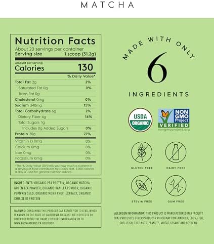 Truvani Vegan Pea Protein Powder | Matcha | 20g Organic Plant Based Protein | 20 Servings | Keto | Gluten & Dairy Free | Low Carb | No Added Sugar