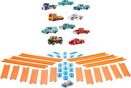 Bundle of Hot Wheels Track Builder Straight Track Set, 37 Component Parts & 1:64 Scale Toy Car (Amazon Exclusive) + Hot Wheels Set of 10 Toy Trucks in 1:64 Scale (Styles May Vary)