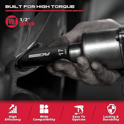 29-Piece 1/2" Drive Impact Socket Set, SAE (3/8 to 1 inch) and Metric (10-24mm) Sizes with Extension Bars Standard Deep Socket Set CR-V Material High Durability Impact Wrench