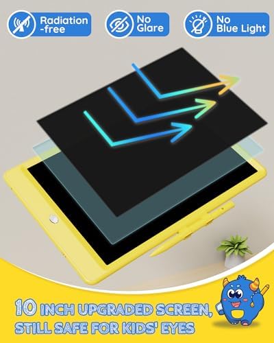 TEKFUN Toys for Girls Boys 10IN LCD Writing Tablet, Magic Doodle Board with Anti-Lost Stylus, Mess Free Coloring for Toddlers Drawing Pad, Toddler Travel Car Plane Trip Toys Gifts (Yellow)