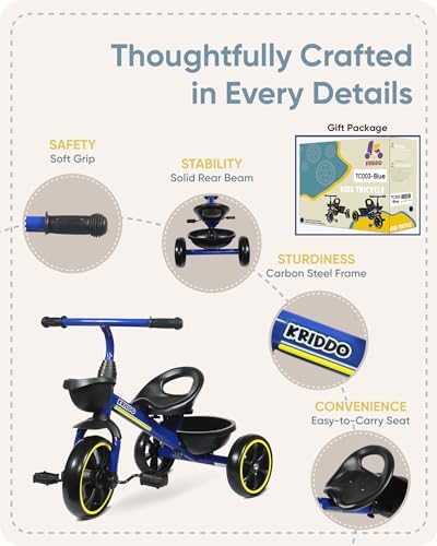 KRIDDO Kids Tricycles Age 24 Month to 4 Years, Toddler Kids Trike for 2.5 to 5 Year Old, Gift Toddler Tricycles for 2-4 Year Olds, Trikes for Toddlers, Blue
