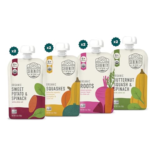 Serenity Kids 6+ Months Veggie Puree Organic Baby Food Pouches - No Added Sugar, Allergen-Free & BPA-Free Baby Snacks - 3.5 Oz, 8 Pack