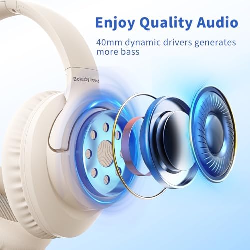 Headphones Wired with Microphone, Over Ear Foldable 3.5mm Plug in Headphones Corded with 4.9ft Tangle-Free Nylon Cord for Tablet, Laptop, MP3/4, School, Airplane Travel (Beige)