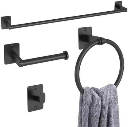 Matte Black Bathroom Accessories Set, KLJKPA 4 Pieces Bathroom Hardware Set, 24 inch Towel Bar, Towel Racks for Bathroom, Robe Towel Hooks, Toilet Paper Holder Wall Mounted