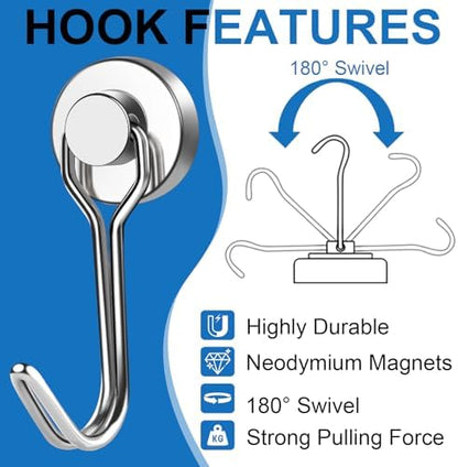 E BAVITE Swivel Swing Silver Magnetic Hooks,30LBS Powerful Strong Neodymium Rare Earth Magnet Hook. Perfect for Refrigerator, Kitchen and Other Surfaces, Pack of 50