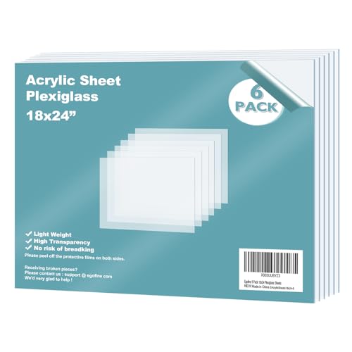 Egofine Plexiglass Sheets Acrylic Sheets 6 Pack of 18x24’’ 0.04 Thick Clear Plastic Cast Transparent Plexi Glass for Crafting Projects, Replacement Picture Frame Glass, DIY Display, Easy to Cut