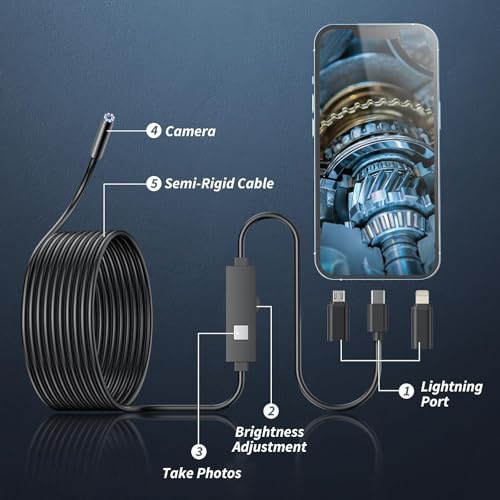 Endoscope Camera with Light,1920P HD Borescope Tools with 8 Adjustable LED Lights, Endoscope with Semi-Rigid Snake Camera, IP67 Waterproof Inspection Borescope for iOS and Android-32.8ft Single Lens