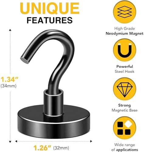 DIYMAG Black Magnetic Hooks, 118 LB Heavy Duty Strong Magnets with Hooks, Strong Rare Earth Neodymium Magnet Magnetic Hooks for Cruise Cabins Cruise Ship Essentials 8 Packs