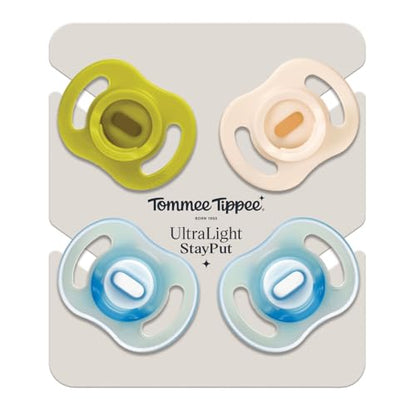 Tommee Tippee Stay Put Pacifier Set, Contains 2 Ultra-Light StayPut Glow in The Dark Pacifiers and 2 Ultra-Light StayPut Pacifiers, 6-18 Months, Colors May Vary, One-Piece Silicone Design, Pack of 4