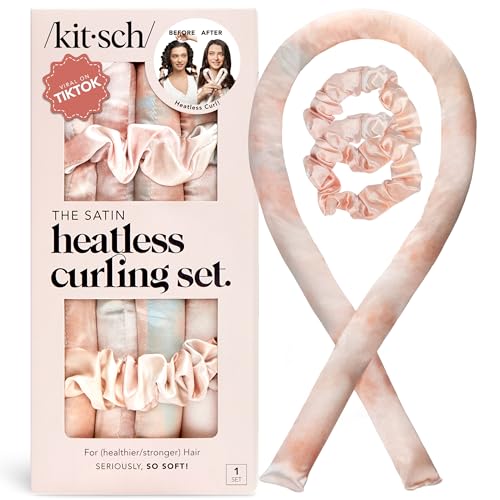 Kitsch Satin Heatless Curling Set – Heatless Hair Curler for Women, Hair Curler to Sleep In - with 2 Satin Scrunchies for Overnight Curls – No Heat Damage Styling with Heatless Curler - Sunset Tie Dye