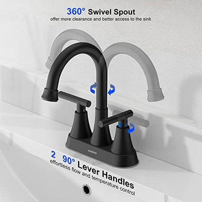 Bathroom Faucets for Sink 3 Hole, Hurran 4 inch Matte Black with Pop-up Drain and 2 Supply Hoses, Stainless Steel Lead-Free 2-Handle Centerset Faucet for Sink Vanity