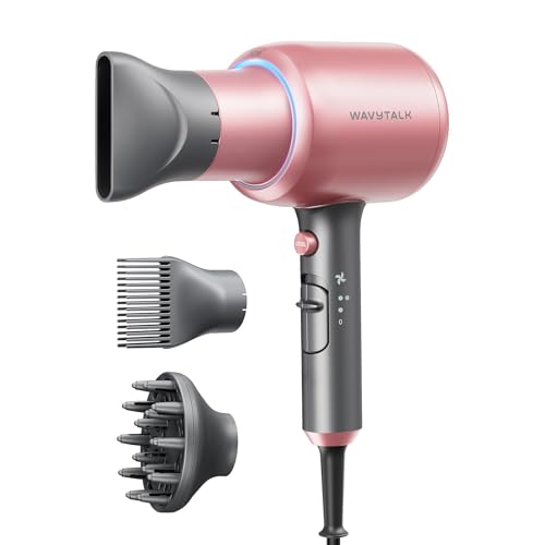 Wavytalk Hair Dryer, Blown Away Ionic Hair Dryer for Curly Hair with Diffuser, 1875W Fast Drying Blow Dryer with Ceramic Technology, 3 Attachments for All Hair Types, Light and Quiet, Rose Gold