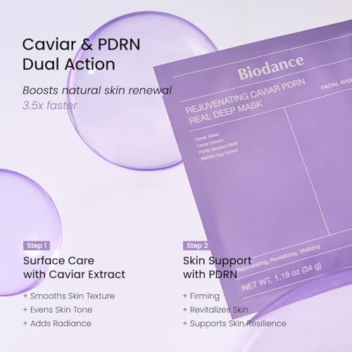 BIODANCE Rejuvenating Caviar PDRN Real Deep Mask, Overnight Hydrogel Mask, Skin Firming & Radiance Boost, Enhancing Recovery for All Skin Types, 1.19oz(34g) x 4ea