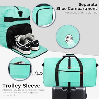 Fmeida 65L Duffle Bag with Shoes Compartment, Foldable Travel Duffel Bags for Men Women, Large Packable Travel Bag Water Repellent & Tear Resistant (Mint Green)
