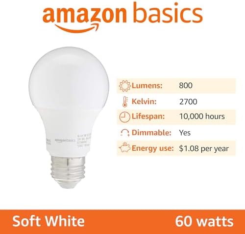 Amazon Basics A19 LED Light Bulbs, 60 Watt Equivalent, Energy Efficient 9W, E26 Standard Base, Soft White 2700K, Dimmable, 10,000 Hour Lifetime , 6-Pack