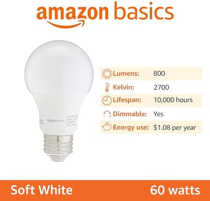 Amazon Basics A19 LED Light Bulbs, 60 Watt Equivalent, Energy Efficient 9W, E26 Standard Base, Soft White 2700K, Dimmable, 10,000 Hour Lifetime , 6-Pack